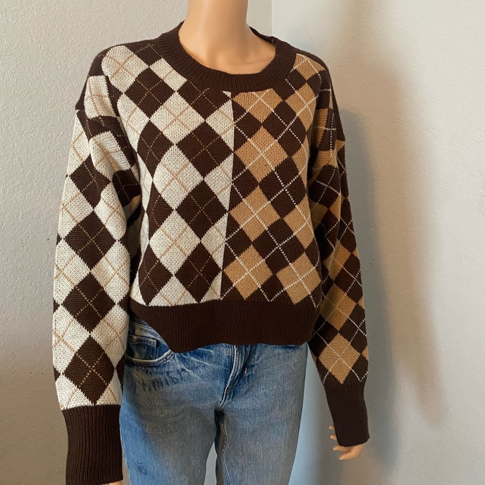 Derek Heart Brown and Cream Crew Neck Sweater with Argyle Pattern